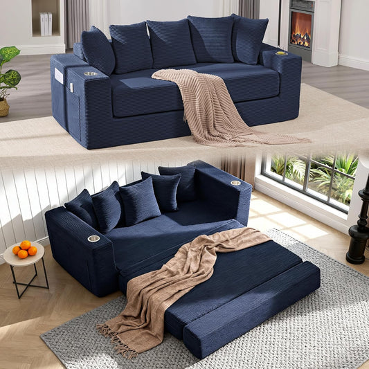 76" Convertible Sofa Bed, Corduroy Boneless Couch with Cup Holders & Pocket