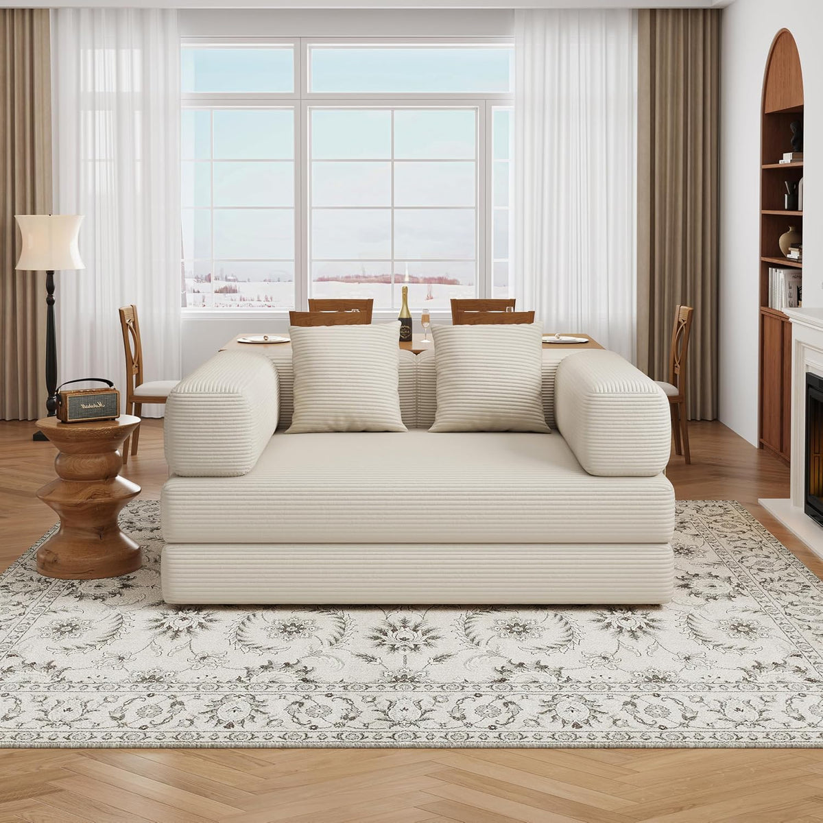 BSHOMGI 4 in 1 Convertible Sofas Boneless Couches, Modern Corduroy Futon Bed, Modular Sofa with Pull-Out Bed, LoveSeat for Living Room, Small Space Apartment (Beige, 53.15" Double Sofa)