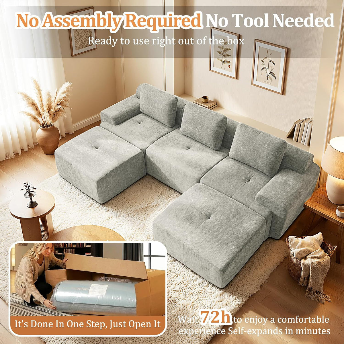122" U Shaped Oversized Cloud Couch, Comfort Boneless Sectional Couches for Living Room, Modular Sofa High Back & Extra Deep Seat, No Assembly, Soft Chenille(Light Grey, 122 inch-U shaped（3+2）)