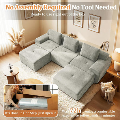 122" U Shaped Oversized Cloud Couch, Comfort Boneless Sectional Couches for Living Room, Modular Sofa High Back & Extra Deep Seat, No Assembly, Soft Chenille(Light Grey, 122 inch-U shaped（3+2）)