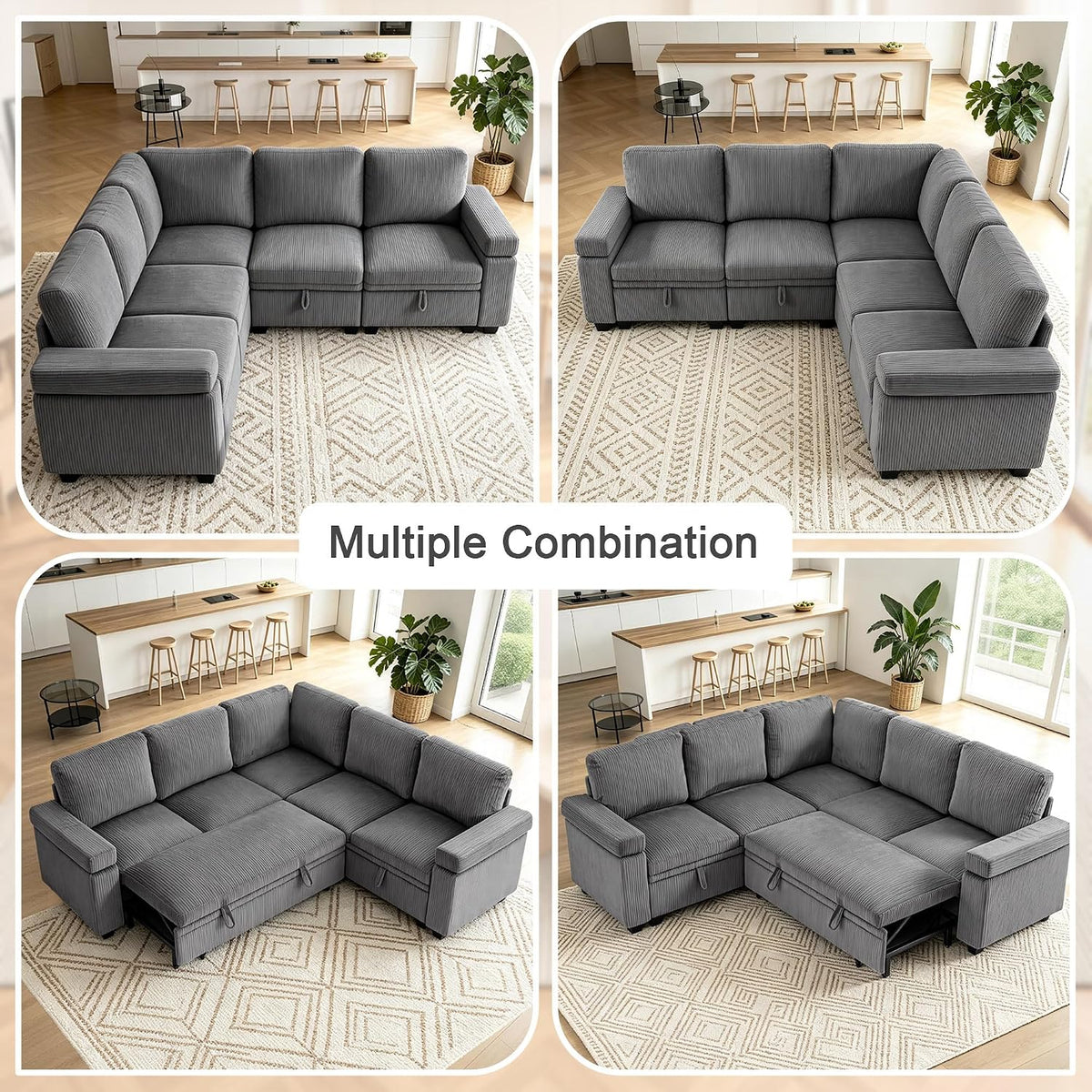 86" Modular Sectional Sleeper Sofa with Pull Out Bed, Sleeper Couch, Gray