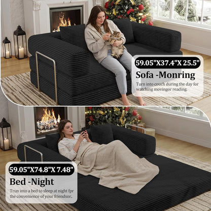 59 Inch Convertible Sofas Bed, 5-in-1 Futon Sofa Pull Out Sleeper Couch, Boneless Couches for Living Room, Corduroy Floor Compression Loveseat for Bedroom, Apartment, No Assembly, Black, 2 Seat