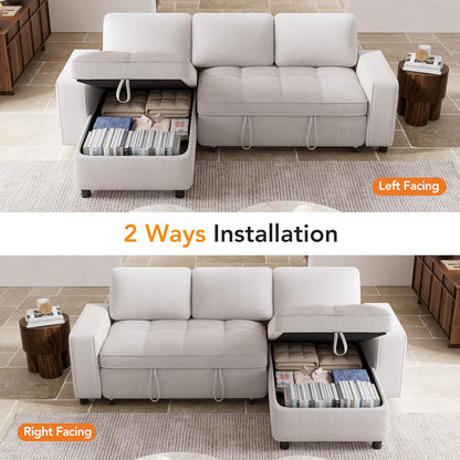 WEUP 81" Modular Sectional Sleeper Sofa Bed, Chenille L-Shaped Couch Bed with Adjustable Backrest, Pull Out Couch with Reversible Chaise Storage, USB Charging & Tool-Free Assembly, Beige