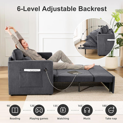 86” Extended Convertible Sofa Bed, Loveseat Sleep Sofa with USB Ports, Pull Out Couch with 6-Position Adjustable Backrest, Corduroy Couch Bed with Side Pockets for Living Room, Dark Grey