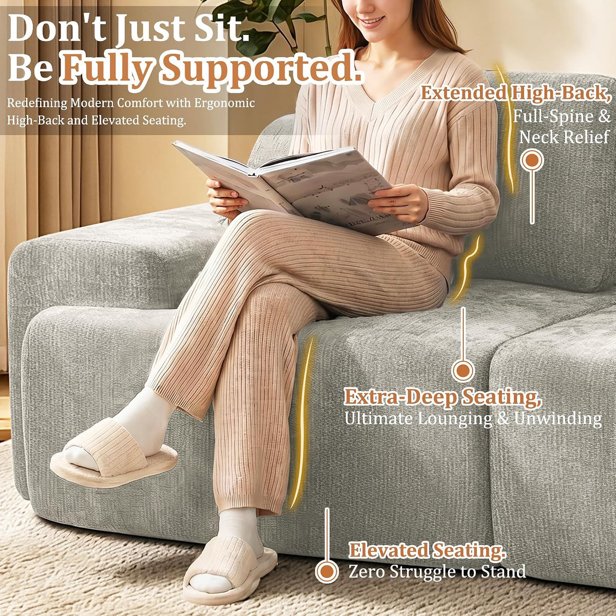 122" U Shaped Oversized Cloud Couch, Comfort Boneless Sectional Couches for Living Room, Modular Sofa High Back & Extra Deep Seat, No Assembly, Soft Chenille(Light Grey, 122 inch-U shaped（3+2）)