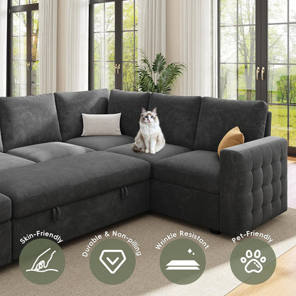 104" Sectional Sleeper Sofa Bed, 7 Seat Pull Out Couch with Storage, Gray