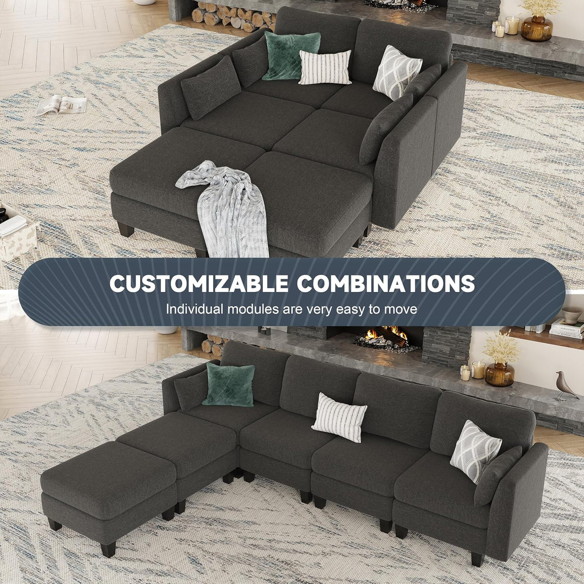 Modular Sectional Sofa, 6 Seat Modular Sleeper Sofa Couch, Dark Grey