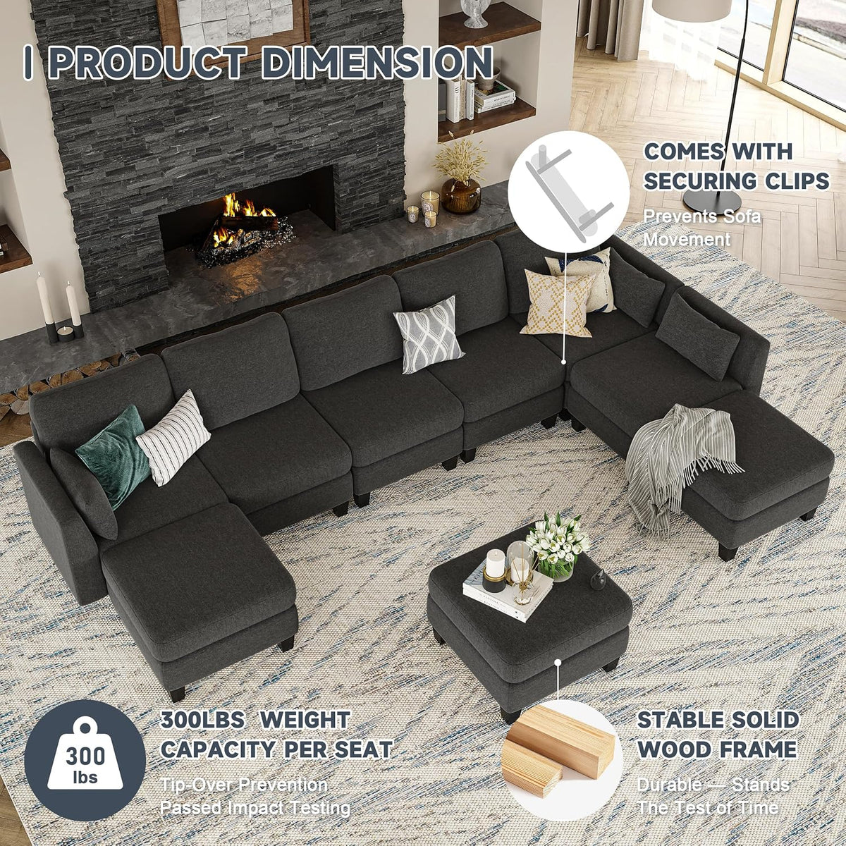Modular Sectional Sofa, 6 Seat Modular Sleeper Sofa Couch, Dark Grey