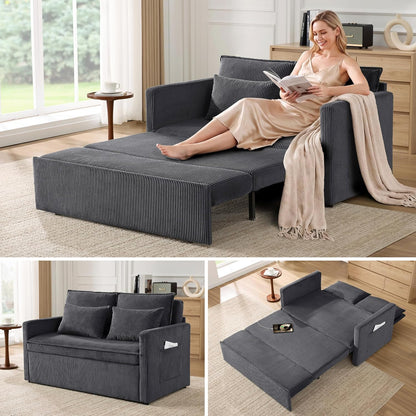 86” Extended Convertible Sofa Bed, Loveseat Sleep Sofa with USB Ports, Pull Out Couch with 6-Position Adjustable Backrest, Corduroy Couch Bed with Side Pockets for Living Room, Dark Grey