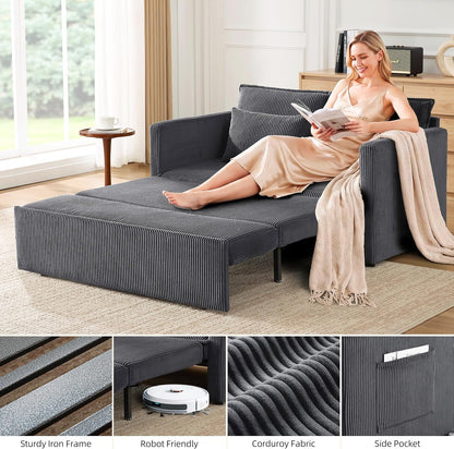 86” Extended Convertible Sofa Bed, Loveseat Sleep Sofa with USB Ports, Pull Out Couch with 6-Position Adjustable Backrest, Corduroy Couch Bed with Side Pockets for Living Room, Dark Grey
