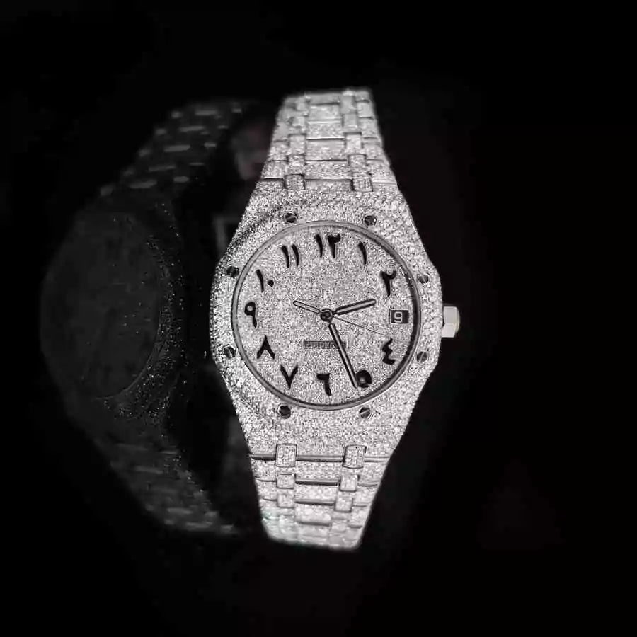 Luxurious 41mm White Arabic Dial Diamond Watch