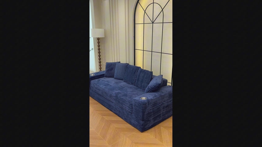 76" Convertible Sofa Bed, Corduroy Boneless Couch with Cup Holders & Pocket