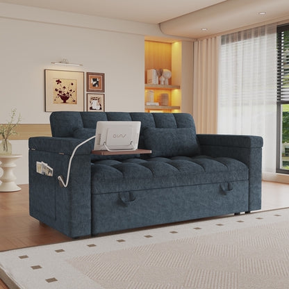 KEIKI 65" 3-in-1 Pull-Out Sofa Bed, Compact Convertible Sleeper Couch with Rotating Side Table, USB Charging Ports, Storage Armrests & Adjustable Comfort for Guests & Small Living Rooms