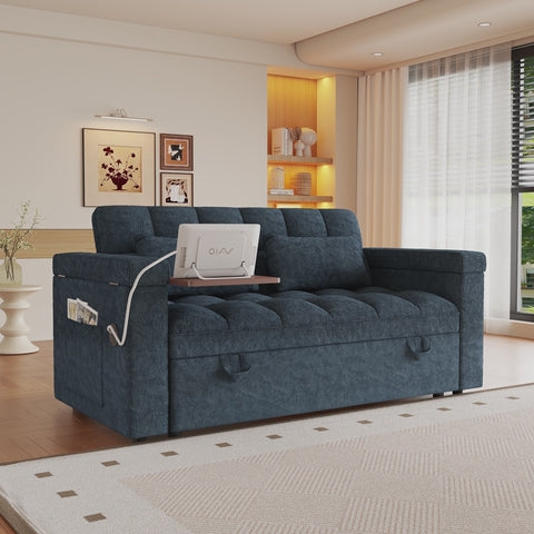 KEIKI 65" 3-in-1 Pull-Out Sofa Bed, Compact Convertible Sleeper Couch with Rotating Side Table, USB Charging Ports, Storage Armrests & Adjustable Comfort for Guests & Small Living Rooms