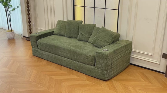 76" Convertible Sofa Bed, Corduroy Boneless Couch with Cup Holders & Pocket