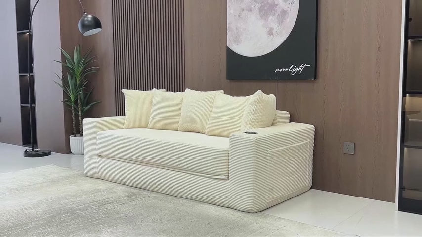 76" Convertible Sofa Bed, Corduroy Boneless Couch with Cup Holders & Pocket