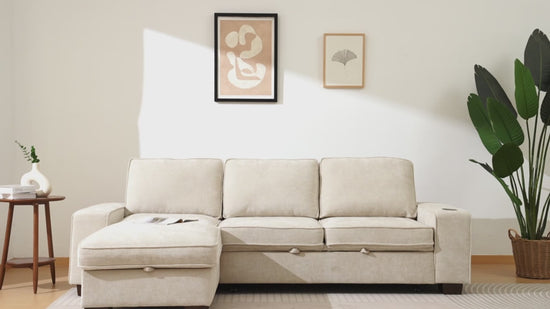 99" Convertible Sleeper Sofa Bed,L Shaped with Storage Chaise Pull Out Couch for Living Room,USB and Type-C,Removable Washable Chenille Covers (Beige)