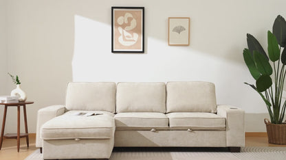 99" Convertible Sleeper Sofa Bed,L Shaped with Storage Chaise Pull Out Couch for Living Room,USB and Type-C,Removable Washable Chenille Covers (Beige)
