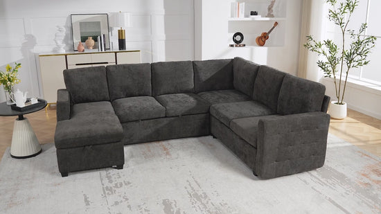 104" Sectional Sleeper Sofa Bed, 7 Seat Pull Out Couch with Storage, Gray