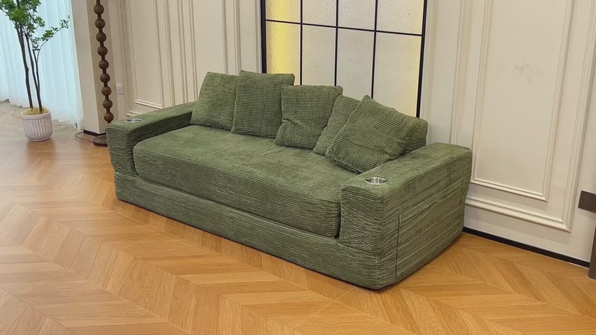 76" Convertible Sofa Bed, Corduroy Boneless Couch with Cup Holders & Pocket