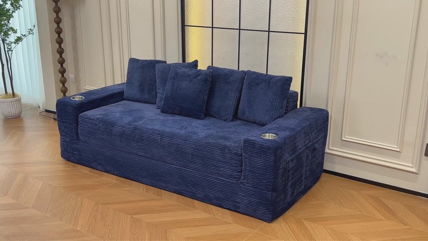 76" Convertible Sofa Bed, Corduroy Boneless Couch with Cup Holders & Pocket