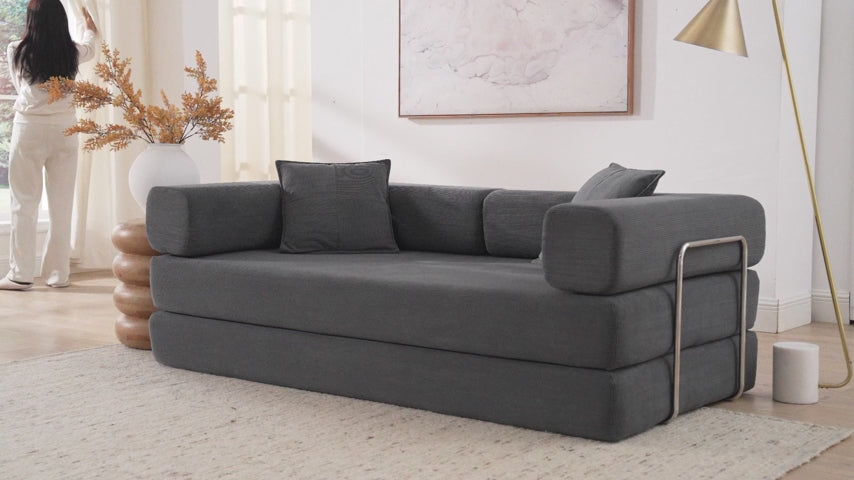 4-in-1 Folding Convertible Sofa Bed, 78 Inch Boneless Couch with Fixed-Shape Frame, Corduroy Loveseat Sleeper with Pull Out Bed, Floor Sofa Modular Futon Couch for Living Room Bedroom Lounge (Beige)