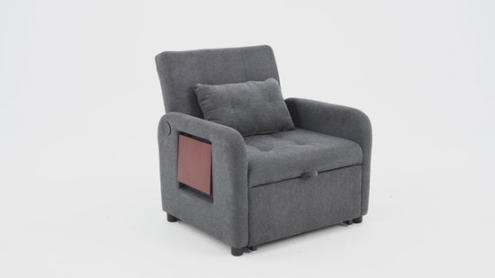 Convertible Sleeper Chair-Fabric Futon Sofa Bed, Single Sleeper Sofa, Small Couch Bed with USB Port, Foldable Table, Pillow, Adjustable Backrest for Dorm/Bedroom/College Darkgrey