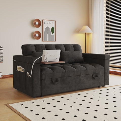 3-in-1 Convertible Pull Out Sofa Bed, 65" Loveseat Sleeper Sofas with Pullout Couch Bed with Adjustable Backrest, Side Table & Storage Armsfor Living Room