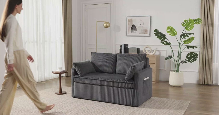 86” Extended Convertible Sofa Bed, Loveseat Sleep Sofa with USB Ports, Pull Out Couch with 6-Position Adjustable Backrest, Corduroy Couch Bed with Side Pockets for Living Room, Dark Grey