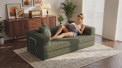 GRUSIGN 78" 5-in-1 Convertible Futon Sofa Bed, Boneless Corduroy, Green