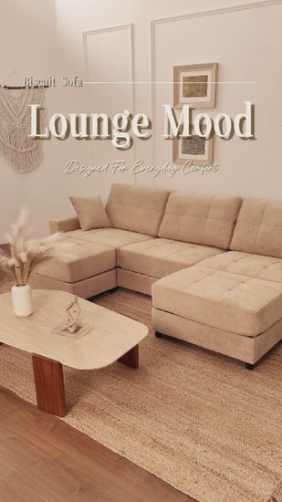 112" U Shaped Modular Cloud Sectional Couch, Waffle Fabric, Oatmeal Beige