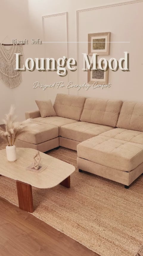 112" U Shaped Modular Cloud Sectional Couch, Waffle Fabric, Oatmeal Beige