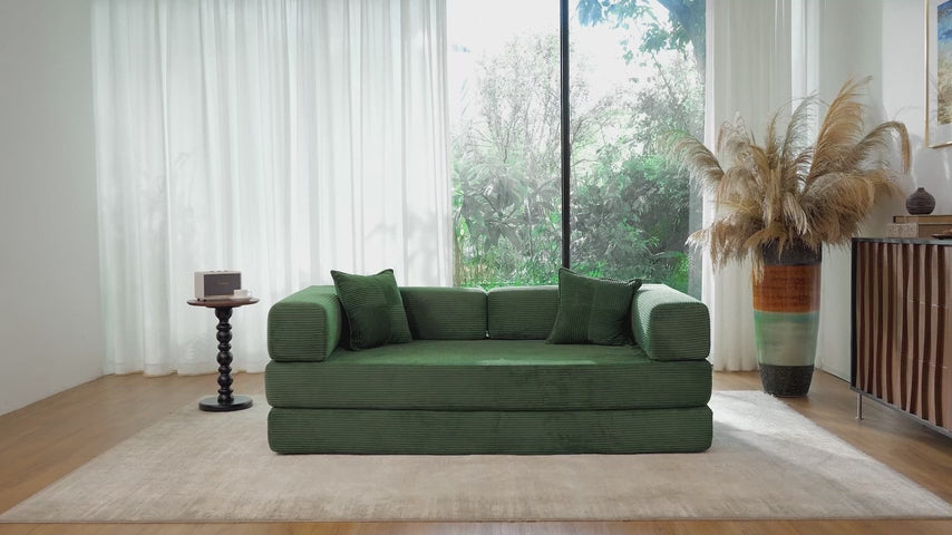 Convertible Futon Sofa Bed - Boneless Couch for Living Room with High Backrest - Futon Sleeper Sofa with Reinforced Anti-Wobble Support Frame - Modular Pull Out Couch No Assembly,Forest Green