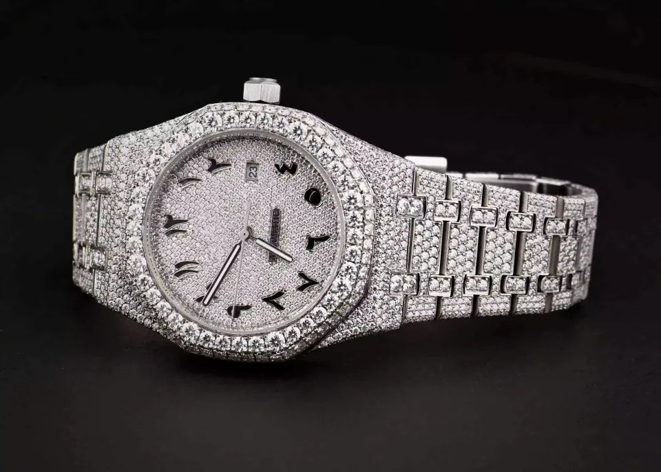 Luxurious 41mm White Arabic Dial Diamond Watch